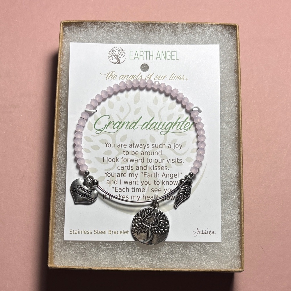 Silver and Pink Beaded Granddaughter Bracelet by Earth Angel, Silver Hardware